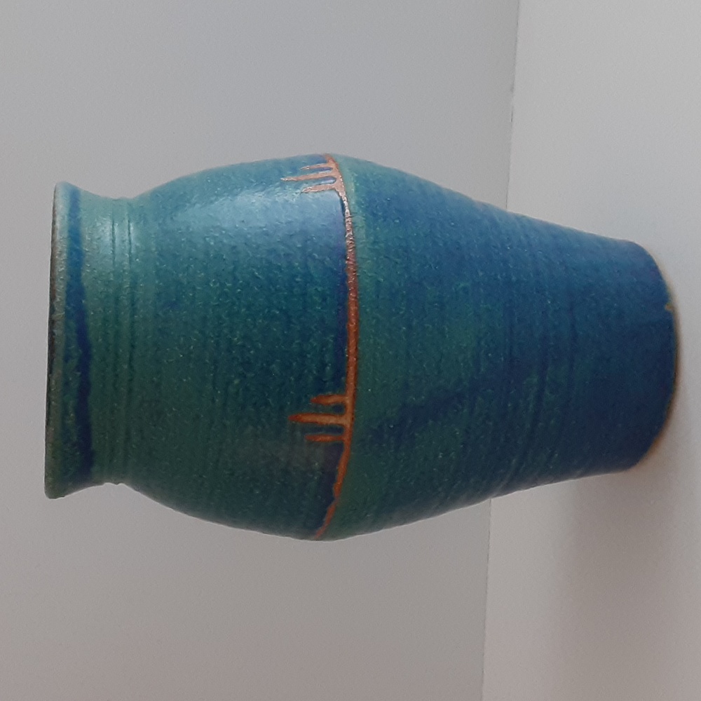 Blue Green Turquoise Glaze Pottery Vase 8.25" Wax Resist Band